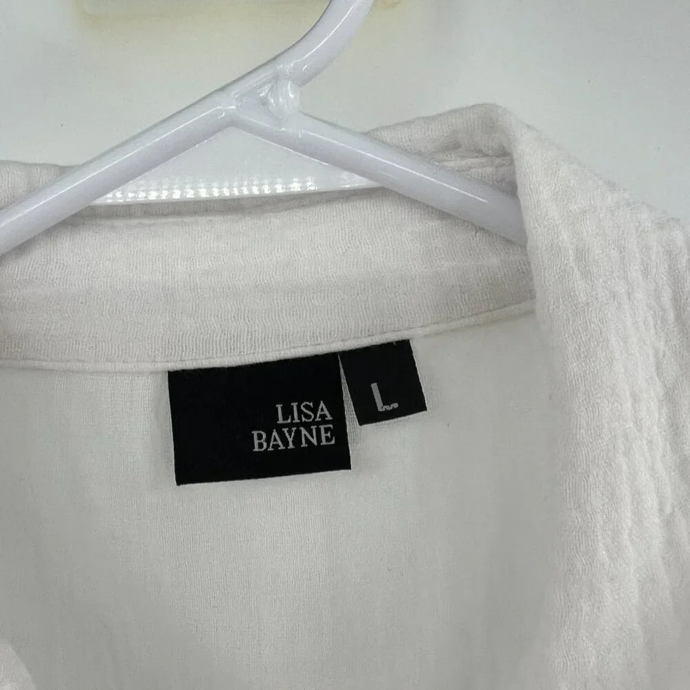 Lisa Bayne White 100% Cotton Gauzey Lagenlook Button Front Blouse Women's Large - Picture 3 of 5